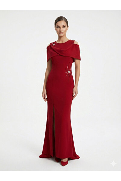 Topstar Red Long Evening Dress Criss-Cross Draped Collar Crystal Embroidery E...