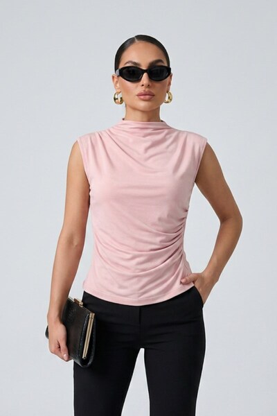 spirituel Women's Blouse Sleeveless Short Stand Collar Draped Lycra Sandy Fab...