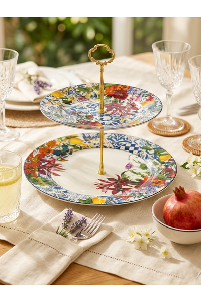 618 CONCEPT Italy Garden Porcelain 2-Tier Cake Cookie Stand 27 Cm/19 cm