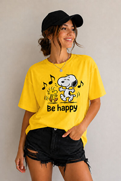 ArtYus Be Happy Printed Unisex Oversize T-Shirt – Cotton Crew Neck Casual T-S...