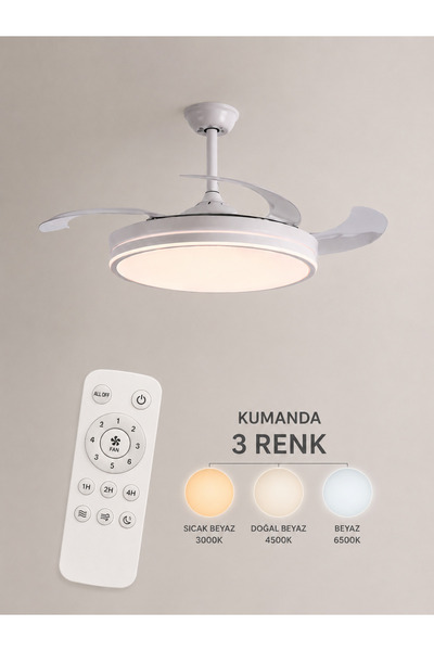 Helios 9311Dekoratif Beyaz Tavan Vantilatörü | Kumandalı 3 Renk LED Aydınlatmalı