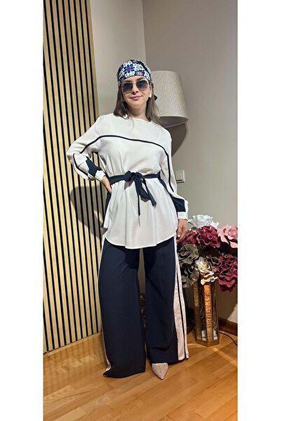 Cardella Lavin Premium Tnsl Fabric Stripe Detailed Belted Suit - Hijab Compat...