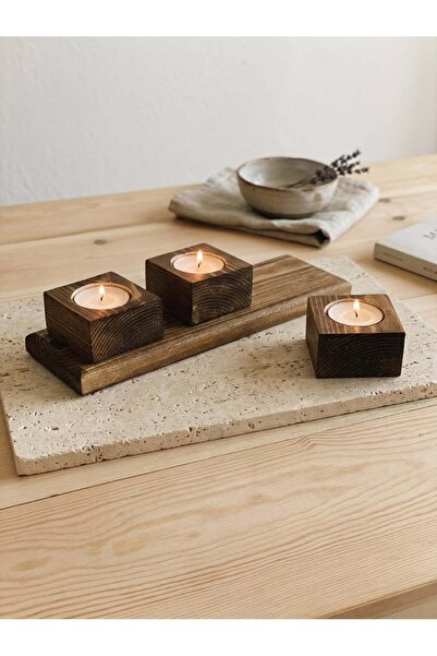 Doku Ahşap Ahşap Kare Mumluk Seti 3’lü Tealight Uyumlu Dekoratif Doğal Ahşap ...