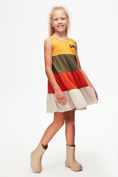 LOVETTI Cadmium Yellow Stone Colored Layered Girls' Strap Dress