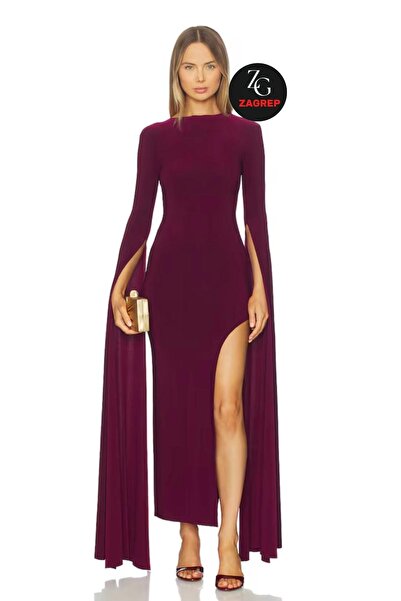 Zagrep Women's Burgundy Cape Sleeve Backless Lined Maxi Dress