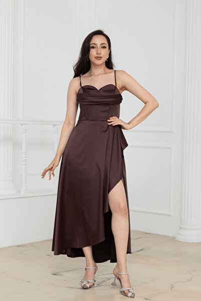 BEYBOS Degaje Collar Satin Midi Dress - Brown