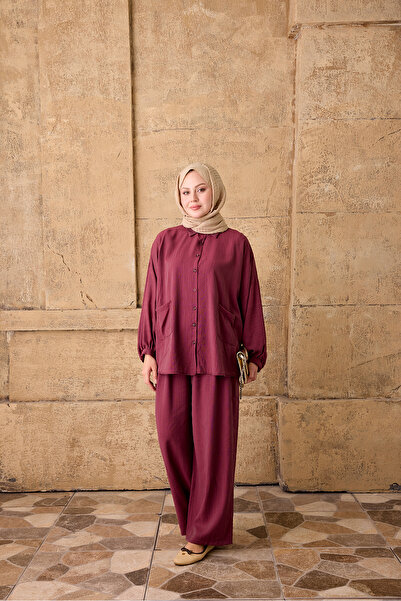 LOCCO Women's Double Pocket Buttoned Wrinkled Shirt Suit Burgundy