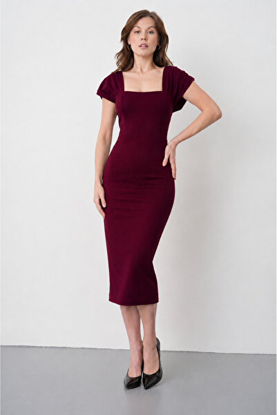 bayansepeti Rochie creion midi de damă, din crep, bordeaux, cu guler pătrat ș...