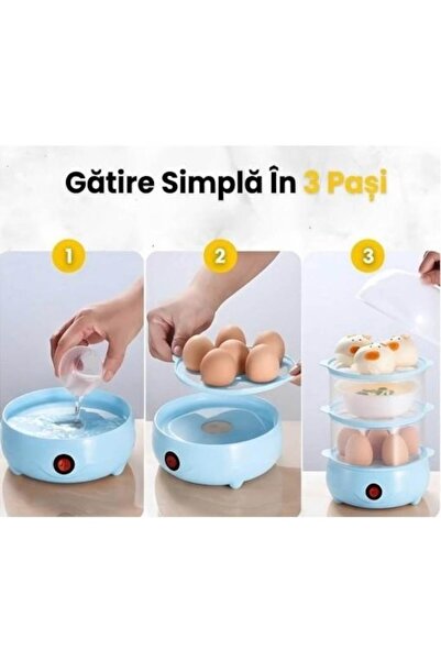 wellco Fierbător și aparat de gătit la aburi pentru ouă, Aparat de gătit legume, 3 tăvi, 18 ouă, Oprire automată, 350W, Rapid, Sănătos, Economie de energie, Multifuncțional, Compact, Albastru