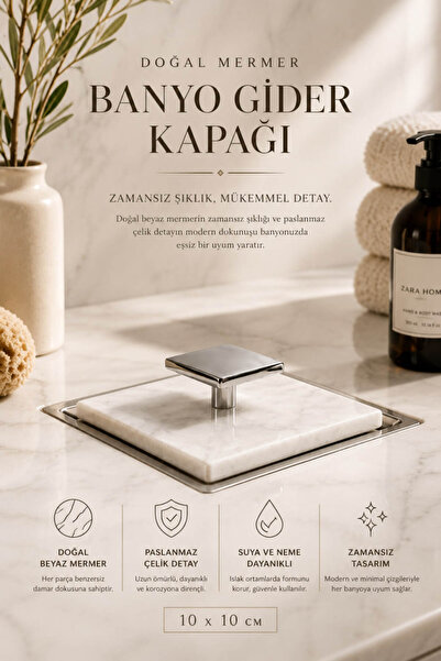 Anadolu Saray Doğal Mermer Banyo Gider Kapağı 10x10 cm Paslanmaz Çelik Detayl...