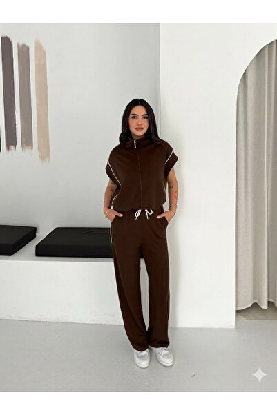 TheyYou Women's Stripe Detailed Vest Suit with Zipper, Loose Cut, Wide Leg Pa...