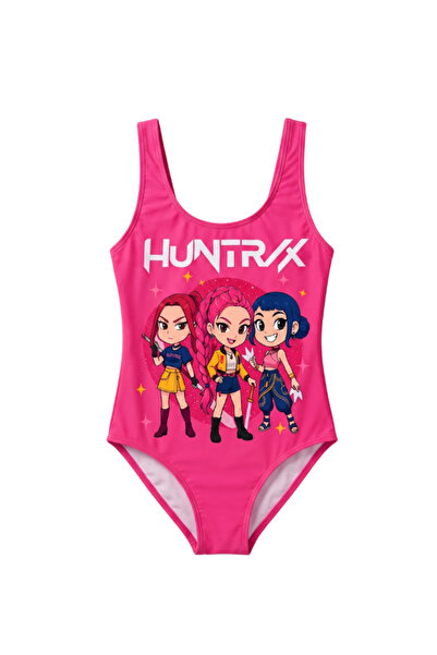 Gadget Gear Kız Çocuk Fuşya Chibi Anime Karakter Baskılı Tek Parça Mayo