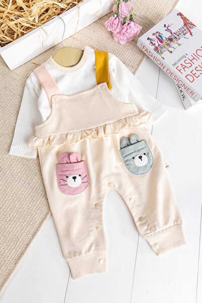 Babymod 100% Cotton Baby Girl Salopet with Rabbit Figure, 2-Piece Jumpsuit