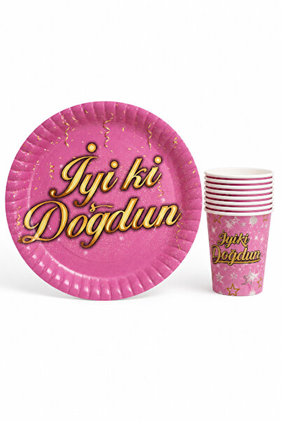 Generic PARTİCİMDENPembe İyi Ki Doğdun Yazılı Kağıt Tabak Bardak Seti 8 Kişil...