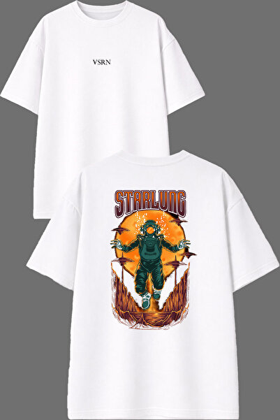 VSRN Tricou supradimensionat alb cu imprimeu în față și în spate, cu design U...