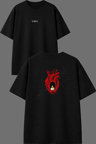 VSRN Heart Candle Design Front and Back Printed Black Oversize T-Shirt