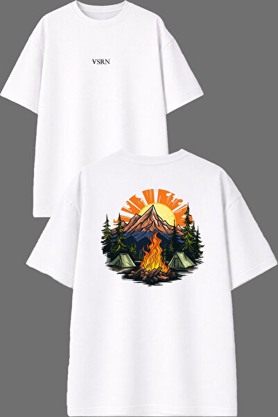 VSRN Camping Time Design Front and Back Printed White Oversize T-Shirt