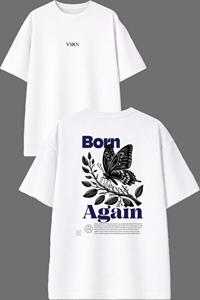 VSRN Μπλουζάκι Born Again Design με στάμπα μπροστά και πίσω, λευκό, oversized