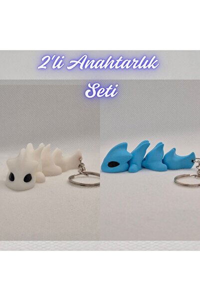 3DAtölyeMaker White Flexible Dragon and Light Blue Flexible Dragon Keychain