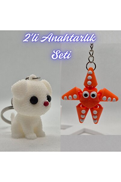 3DAtölyeMaker White Knitted Patterned Dog and Orange Moving Starfish Keychain