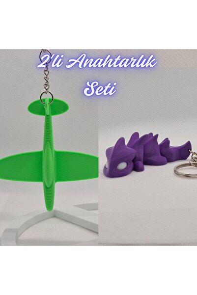 3DAtölyeMaker Green Airplane and Purple Flexible Dragon Keychain