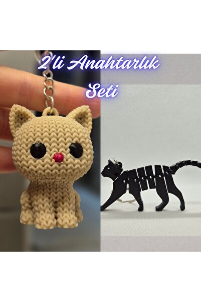 3DAtölyeMaker Cream Knitted Patterned Cat and Black Flexible Cat Keychain