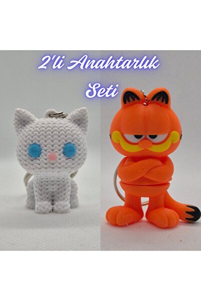 3DAtölyeMaker White Knitted Patterned Cat and Blue Garfield Keychain