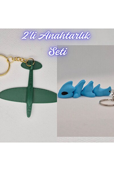 3DAtölyeMaker Dark Green Airplane and Light Blue Flexible Dragon Keychain