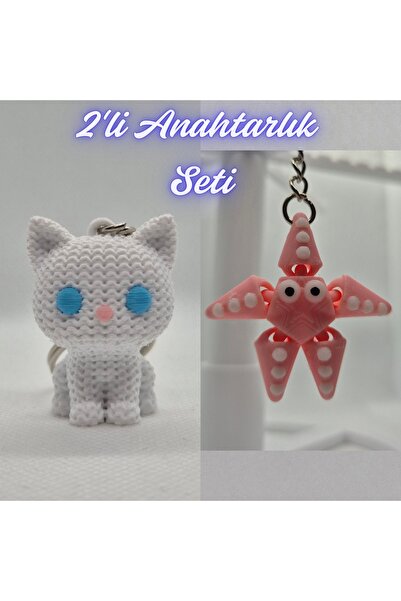 3DAtölyeMaker White Knitted Patterned Cat and Pink Moving Starfish Keychain