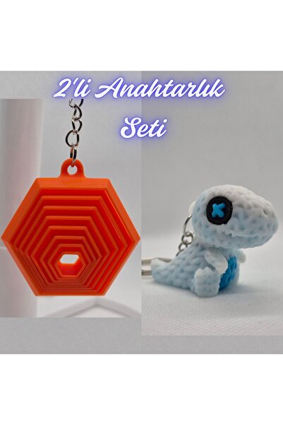 3DAtölyeMaker Orange Moving Hexagon and White Knitted Pattern Moving Dino Key...