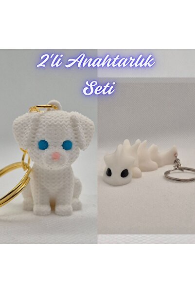 3DAtölyeMaker White Knitted Pattern Dog-2 and White Flexible Dragon Keychain