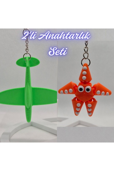 3DAtölyeMaker Green Airplane and Orange Moving Starfish Keychain