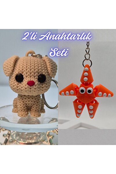 3DAtölyeMaker Cream Knitted Patterned Dog and Orange Moving Starfish Keychain