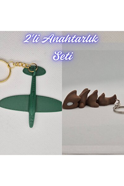 3DAtölyeMaker Dark Green Airplane and Dark Brown Flexible Dragon Keychain