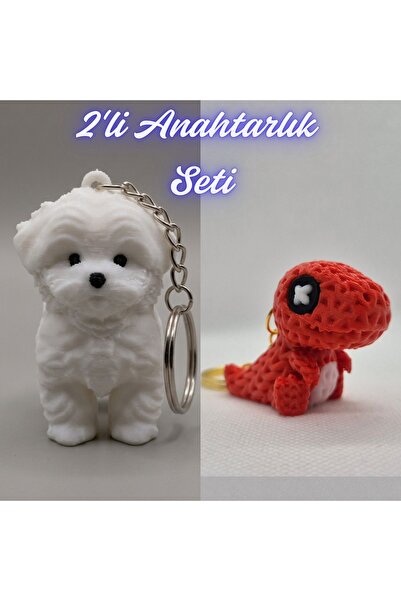 3DAtölyeMaker White Maltese Terrier and Red Knitted Pattern Moving Dino Keychain