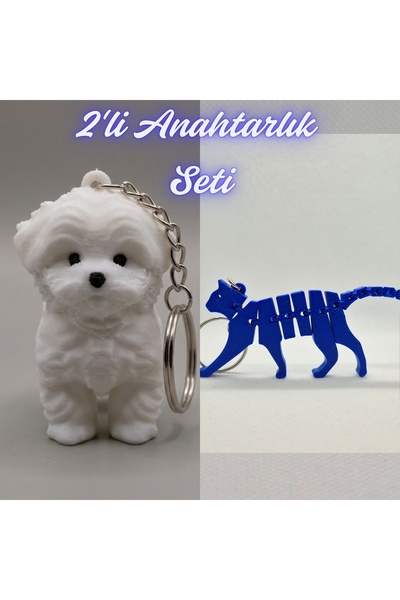 3DAtölyeMaker White Maltese Terrier and Blue Flexible Cat Keychain