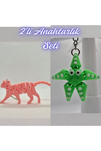 3DAtölyeMaker Light Pink Flexible Cat and Green Moving Starfish Keychain