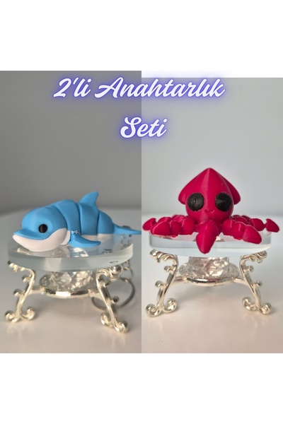 3DAtölyeMaker Light Blue Flexible Colorful Dolphin and Fire Red Squid Keychain