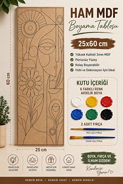 FourArts Ahşap Boyama Seti 25x60 cm 6 Renk Akrilik Boya ve 2 Fırça Dahil Deko...