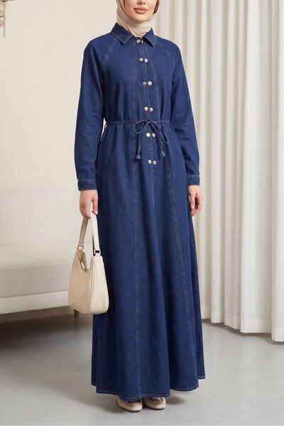 Modamorfo Shirt Collar Belted Half Buttoned Long Denim Dress -Dark Blue
