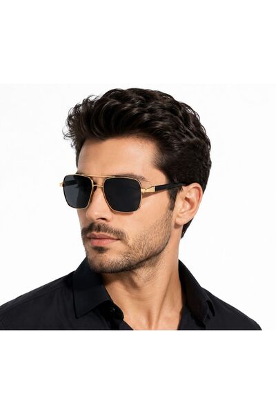 LİYA3D Unisex Gold Metal Frame Square Sunglasses Uv400 Black Glass Premium De...