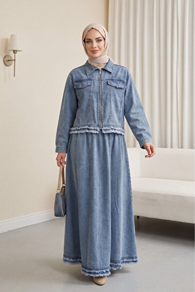 HİJABAYA Set din denim cu guler tip cămașă, cu detaliu ciucuri, buzunar front...