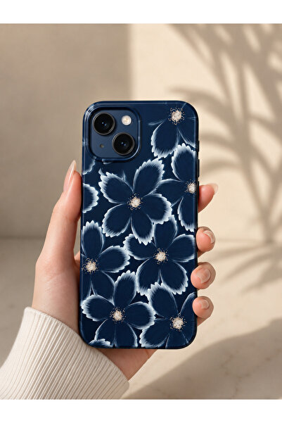 OVADA İphone 13/14/15 Uyumlu Lacivert Çiçek Desenli Telefon Kılıfı