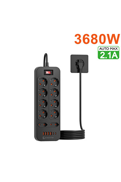 Choice شريط طاقة كهربائي أسود بقابس أوروبي، 3680 واط، متعدد المنافذ، مع سلك ت...