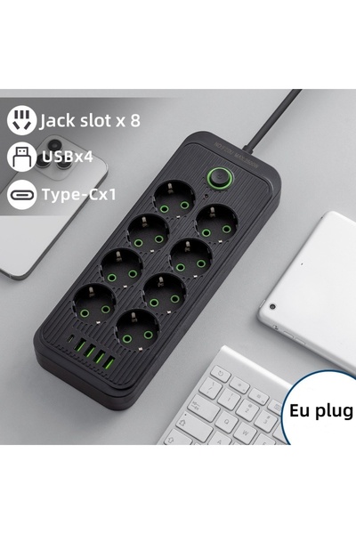 Choice1 Black 8 jacks Power Strip with 2M Extension Cord 6/8 EU Holes 4USB Ty...
