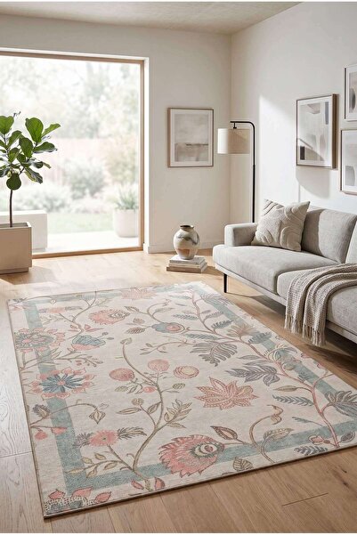 ARTLOOP Florart Bej Çiçek Desenli Dokuma Tabanlı Modern Şönil Halı AL 533