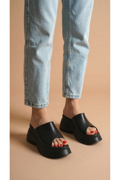 Moda Lime Yüksek Platform Dolgu Topuk Tek Büyük Şeritli Cilt Yazlık Kadın Ter...