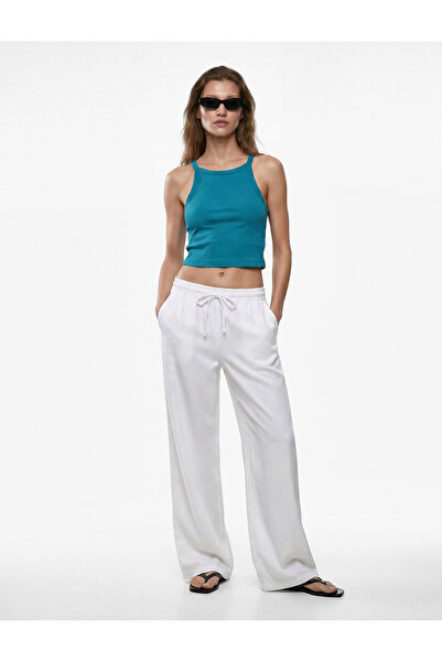 Koton Crop top din bumbac cu nervuri, croială slim, fără mâneci, cu decolteu ...