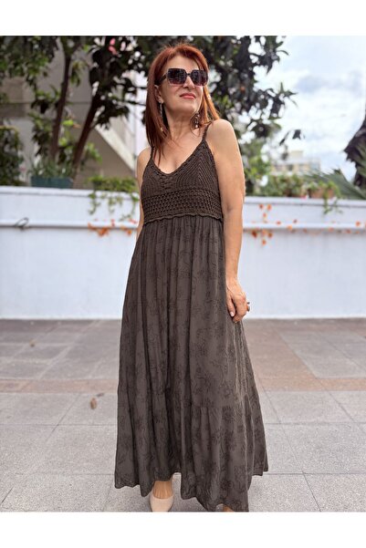 DenizEge Italian Bohemian Lined Strappy Lace Dress Brown