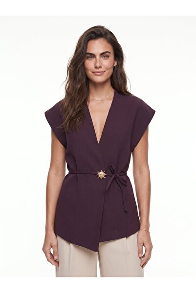 ONLOOX Dark Cherry Woven V-Neck Double-Breasted Oversize Form Metal Buttoned ...